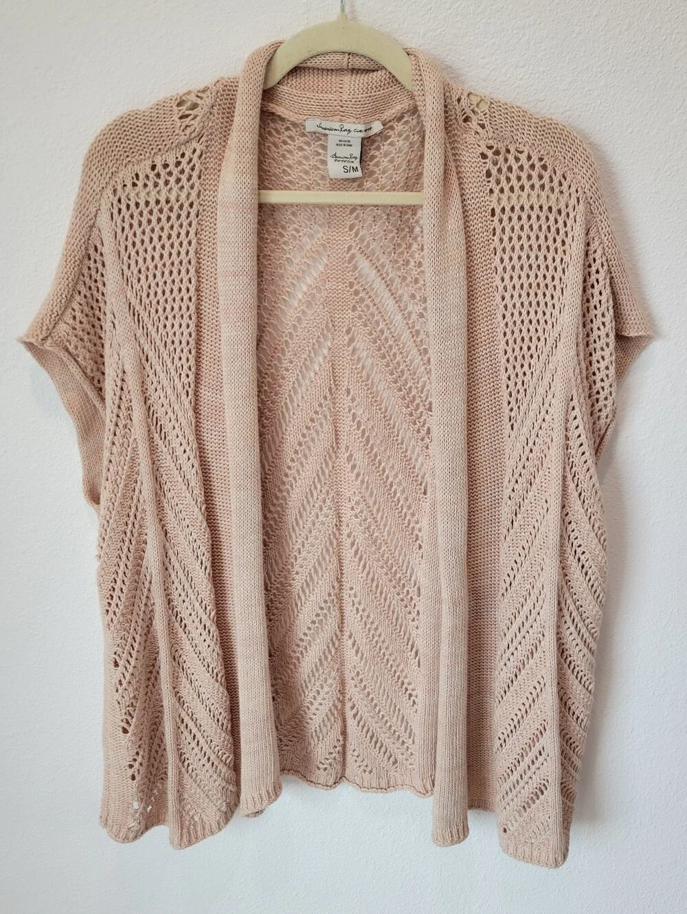 American Rag Open‎ Knit Sleeveless Vest Cardigan Womens S/M Pink Boho Layering